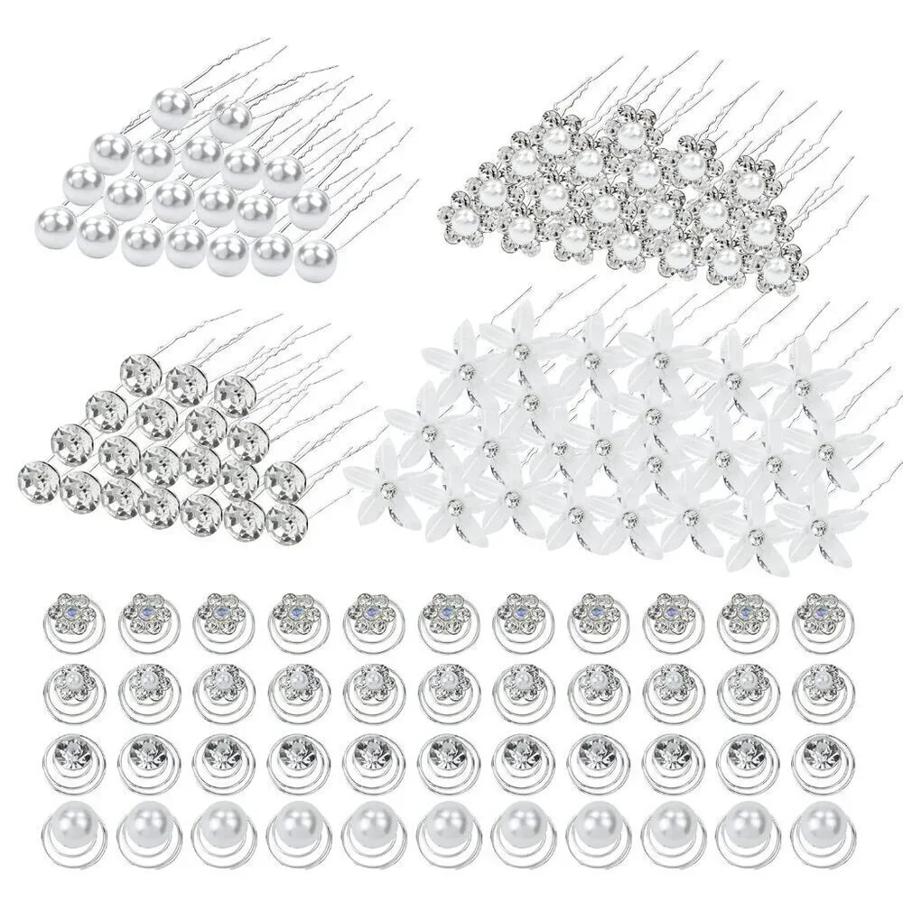 128 Pack Silver Pearl Flower Rhinestone Crystal Bridal Wedding Hair U-shaped Hai